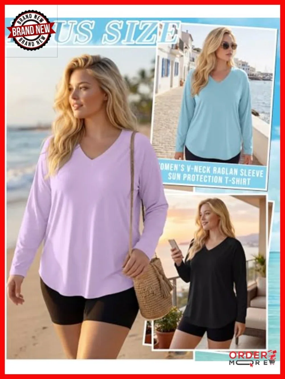 Plus Size Long Sleeve Rash Guard UV Sun Protection Quick Dry V Neck Swim Top
